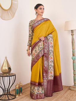 Akhilam - Women Viscose Yellow Madhubani Saree with Unstitched Blouse