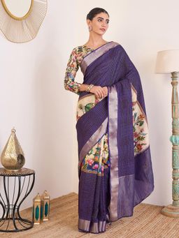 Akhilam - Women Viscose Purple Madhubani Saree with Unstitched Blouse