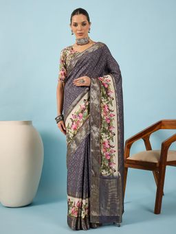 Akhilam - Women Viscose Grey Madhubani Saree with Unstitched Blouse