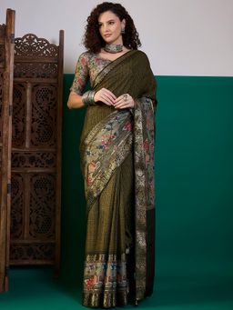 Akhilam - Women Viscose Dark Green Madhubani Saree with Unstitched Blouse