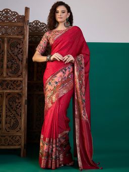 Akhilam - Women Viscose Pink Madhubani Saree with Unstitched Blouse