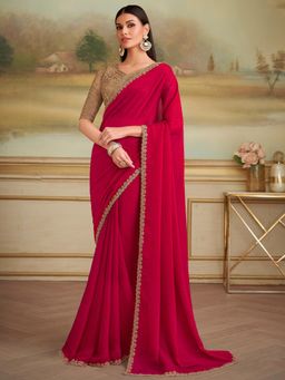 Akhilam - Women Georgette Red Embellished Designer Saree with Unstitched Blouse