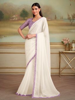 Akhilam - Women Georgette White Embellished Designer Saree with Unstitched Blouse