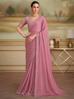 Akhilam - Women Georgette Pink Embellished Designer Saree with Unstitched Blouse