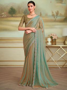 Akhilam - Women Georgette Light Green Embellished Designer Saree with Unstitched Blouse