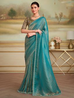 Akhilam - Women Georgette Light Blue Embellished Designer Saree with Unstitched Blouse