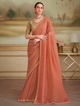 Akhilam - Women Georgette Rust Embellished Designer Saree with Unstitched Blouse