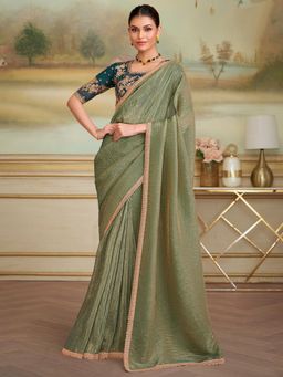 Akhilam - Women Georgette Green Embellished Designer Saree with Unstitched Blouse