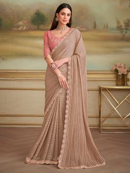Akhilam - Women Georgette Beige Embellished Designer Saree with Unstitched Blouse
