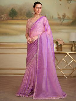 Akhilam - Women Georgette Lavender Embellished Designer Saree with Unstitched Blouse