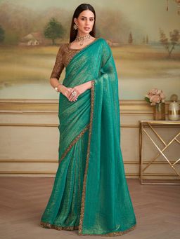 Akhilam - Women Georgette Green Embellished Designer Saree with Unstitched Blouse