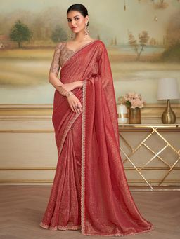Akhilam - Women Georgette Rust Embellished Designer Saree with Unstitched Blouse