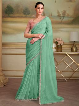 Akhilam - Women Georgette Green Embellished Designer Saree with Unstitched Blouse