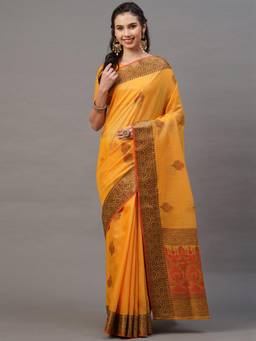 Akhilam - Yellow Festive Silk Blend Woven Design Saree with Unstitched