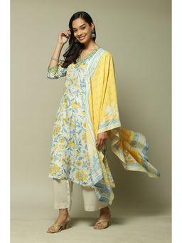 Biba - Womens Yellow Printed Polyester A-line Suit (Set of 3)