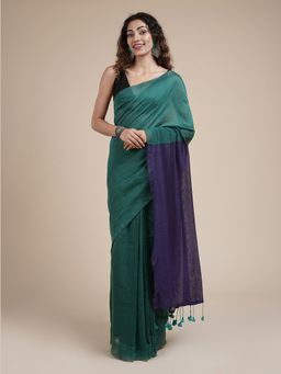 Teejh - Pine Green & Blue Mulmul Cotton Saree with Unstitched Blouse