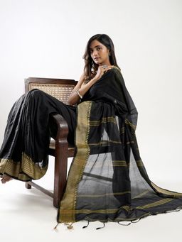 Teejh - Midnight Muse Black Mulmul Cotton Weaving Saree with Unstitched Blouse
