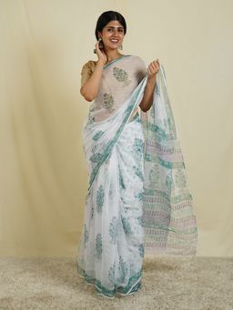 Teejh - Akira White & Blue Block Print Kota Saree with Unstitched Blouse