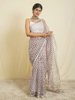Teejh - Aloki White & Peach Block Print Kota Saree with Unstitched Blouse
