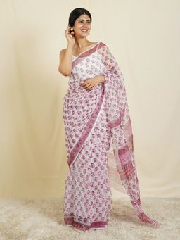 Teejh - Gulabi Dori White & Pink Block Print Kota Saree with Unstitched Blouse