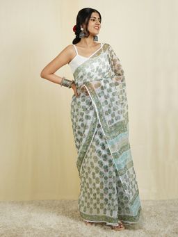 Teejh - Khushbhag White & Green Block Print Kota Saree with Unstitched Blouse