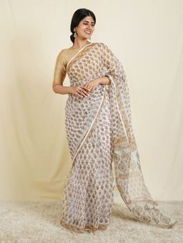 Teejh - Koyel White & Mustard Block Print Kota Saree with Unstitched Blouse