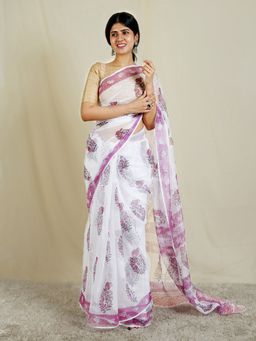 Teejh - Gulmeher White & Pink Kota Block Print Saree with Unstitched Blouse