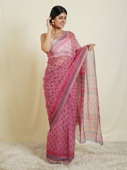 Teejh - Elina Pink Kota Block Print Saree with Unstitched Blouse