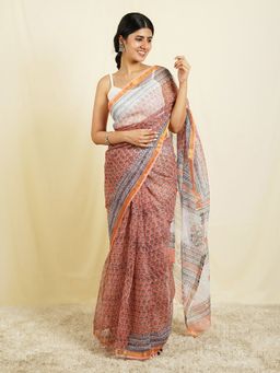 Teejh - Ranjana Orange & Blue Block Print Kota Saree with Unstitched Blouse