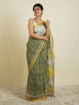 Teejh - Amina Green & Yellow Block Print Kota Saree with Unstitched Blouse