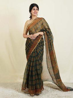 Teejh - Aashita Dark Green & Orange Block Print Kota Saree with Unstitched Blouse