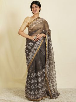Teejh - Kashish Grey & White Block Print Kota Saree with Unstitched Blouse