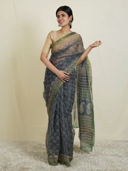 Teejh - Vida Blue & White Block Print Kota Saree with Unstitched Blouse