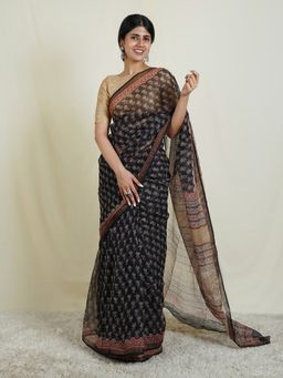 Teejh - Anusha Black & White Block Print Kota Saree with Unstitched Blouse
