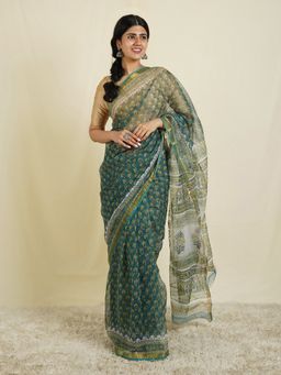 Teejh - Kanish Green & White Block Print Kota Saree with Unstitched Blouse