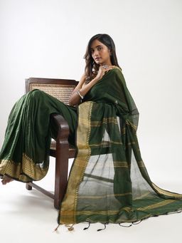 Teejh - Gusto Green Mulmul Cotton Saree with Unstitched Blouse