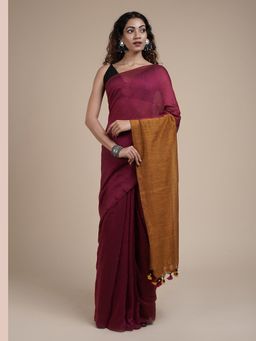 Teejh - Varuni Maroon & Mustard Mulmul Saree with Unstitched Blouse