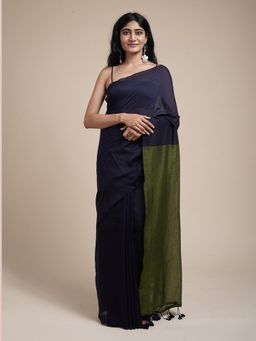 Teejh - Varuni Navy Blue & Olive Green Mulmul Saree with Unstitched Blouse