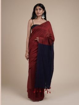 Teejh - Varuni Maroon & Navy Blue Mulmul Saree with Unstitched Blouse