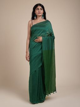 Teejh - Varuni Peacock Blue & Green Mulmul Saree with Unstitched Blouse