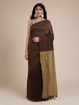 Teejh - Varuni Brown & Beige Mulmul Saree with Unstitched Blouse