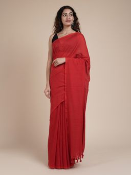Teejh - Takshi Red Mulmul Saree with Unstitched Blouse