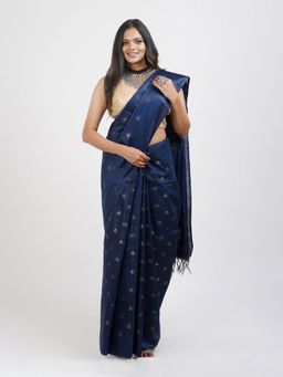 Teejh - Lasya Navy Blue Cotton Silk Saree with Unstitched Blouse