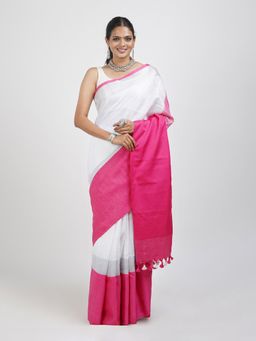 Teejh - Laboni White & Pink Linen Saree with Unstitched Blouse