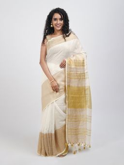 Teejh - Laboni White & Gold Linen Saree with Unstitched Blouse