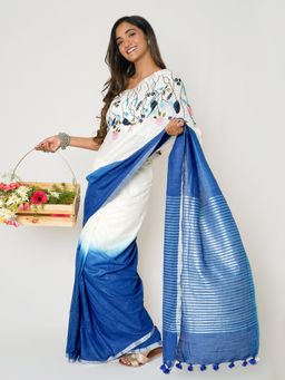 Teejh - Floral Wave Blue & White Linen Saree with Unstitched Blouse