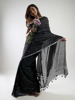 Teejh - Stars In The Sky Black Mulmul Cotton Saree with Unstitched Blouse