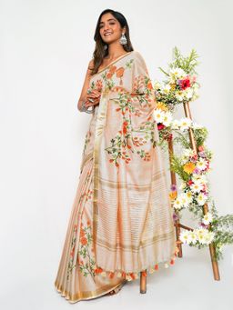Teejh - Gulrang Cream & Orange Silk Linen Saree with Unstitched Blouse