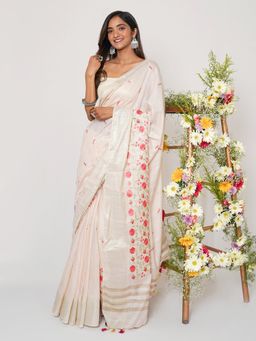 Teejh - Batika Off White Pure Silk Linen Saree with Unstitched Blouse