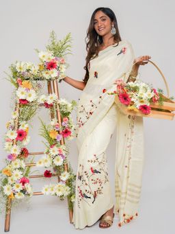 Teejh - Taarakini Off White Pure Silk Linen Saree with Unstitched Blouse